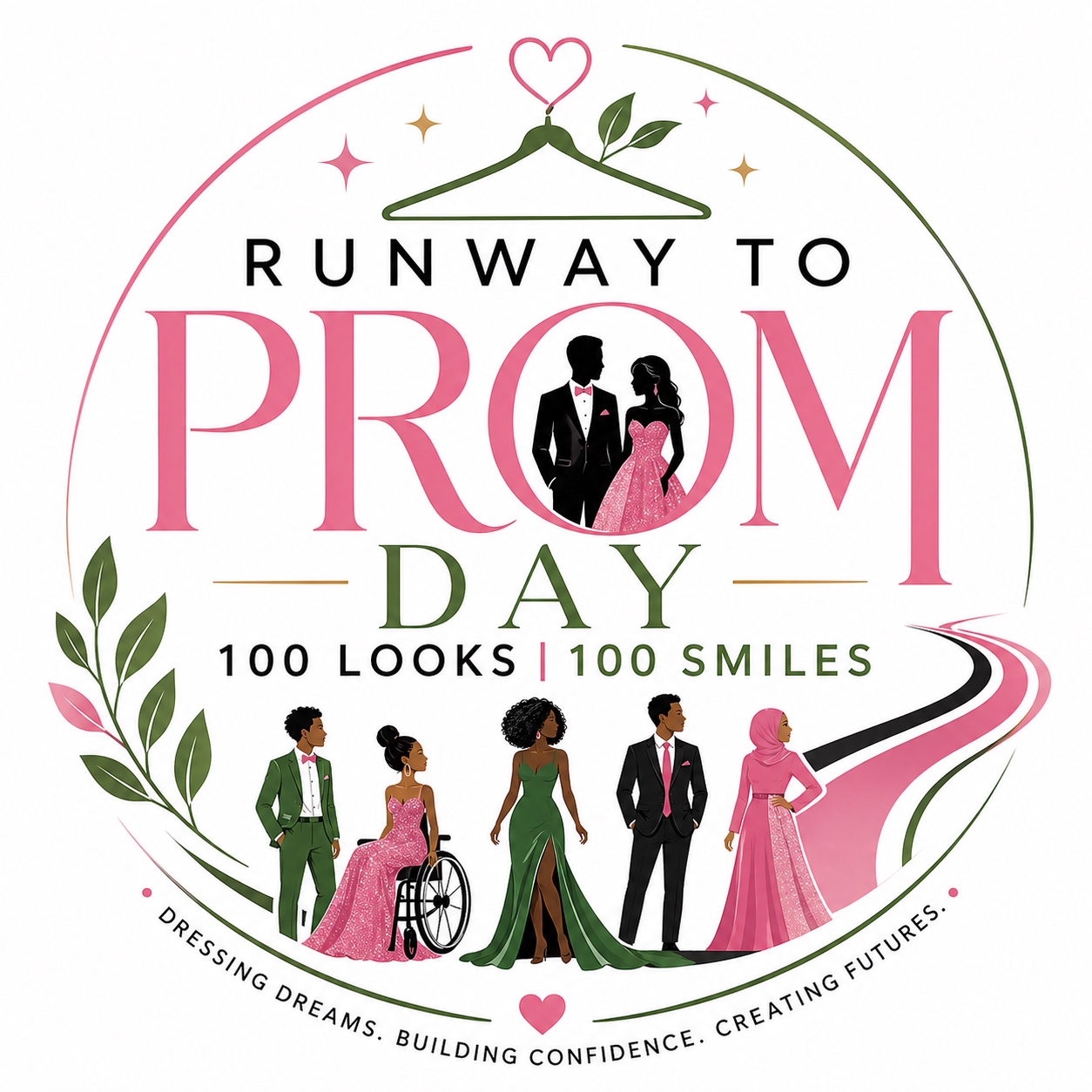 Runway to Prom Day artwork showing students in prom attire — Dressing Dreams. Building Confidence. Creating Futures.