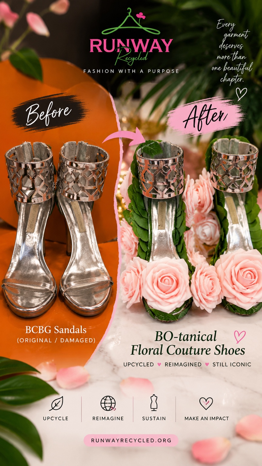 Before and after — damaged BCBG sandals upcycled into BO-tanical Floral Couture Shoes