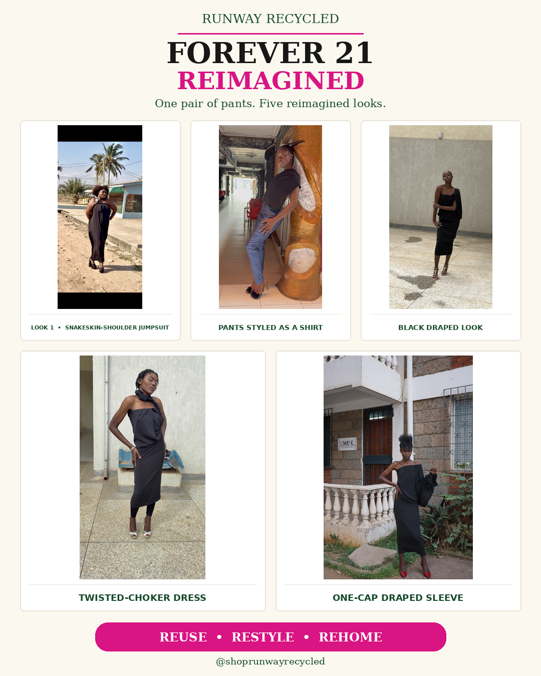 Forever 21 Reimagined — one pair of pants shown as five reimagined looks
