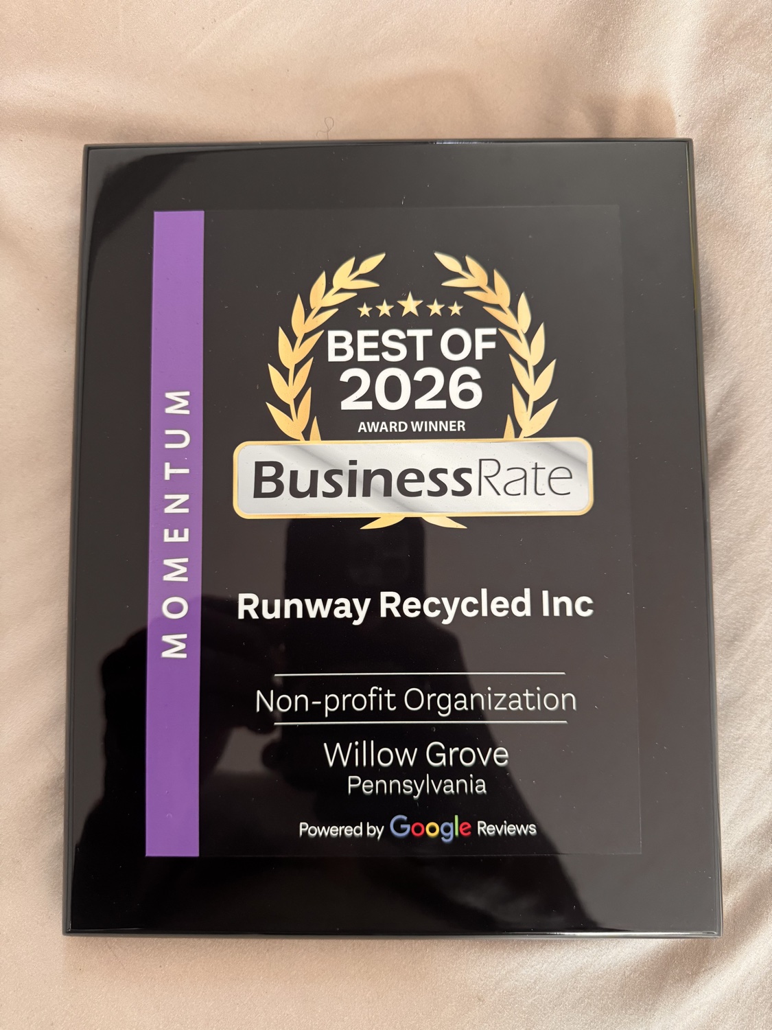 BusinessRate Best of 2026 award plaque — Runway Recycled Inc, Non-profit Organization, Willow Grove, Pennsylvania