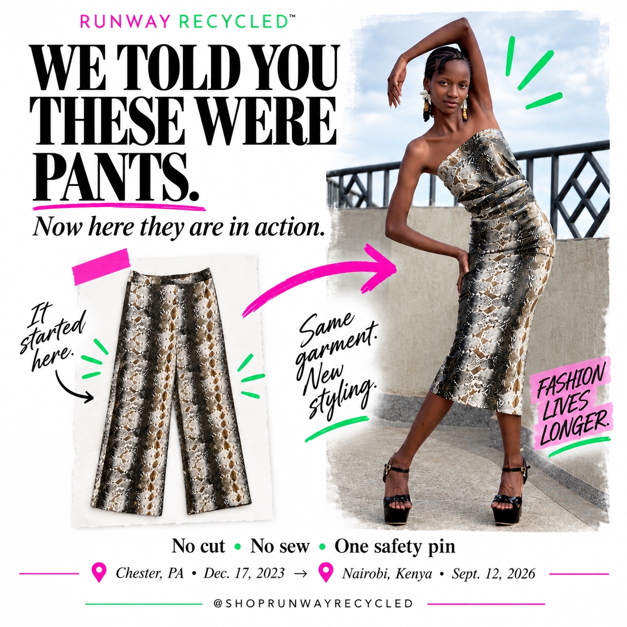 Snakeskin-print pants transformed into a dress — no cut, no sew